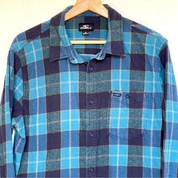 O'Neill Men's Medium Navy Blue Shirt Redmond Plaid Stretch Flannel Long Sleeve - Picture 3 of 12